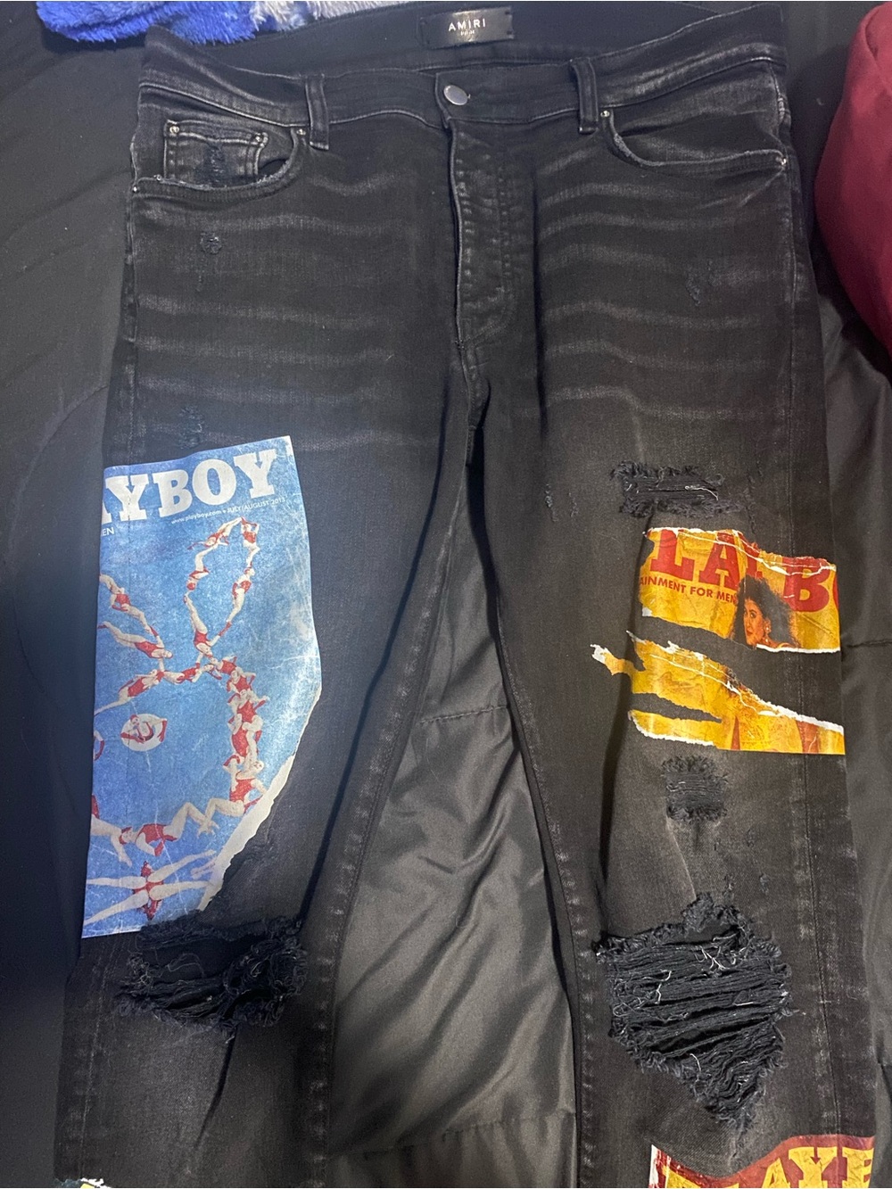 AMIRI Black Skinny Jeans with Blue and Yellow Graphic Patches